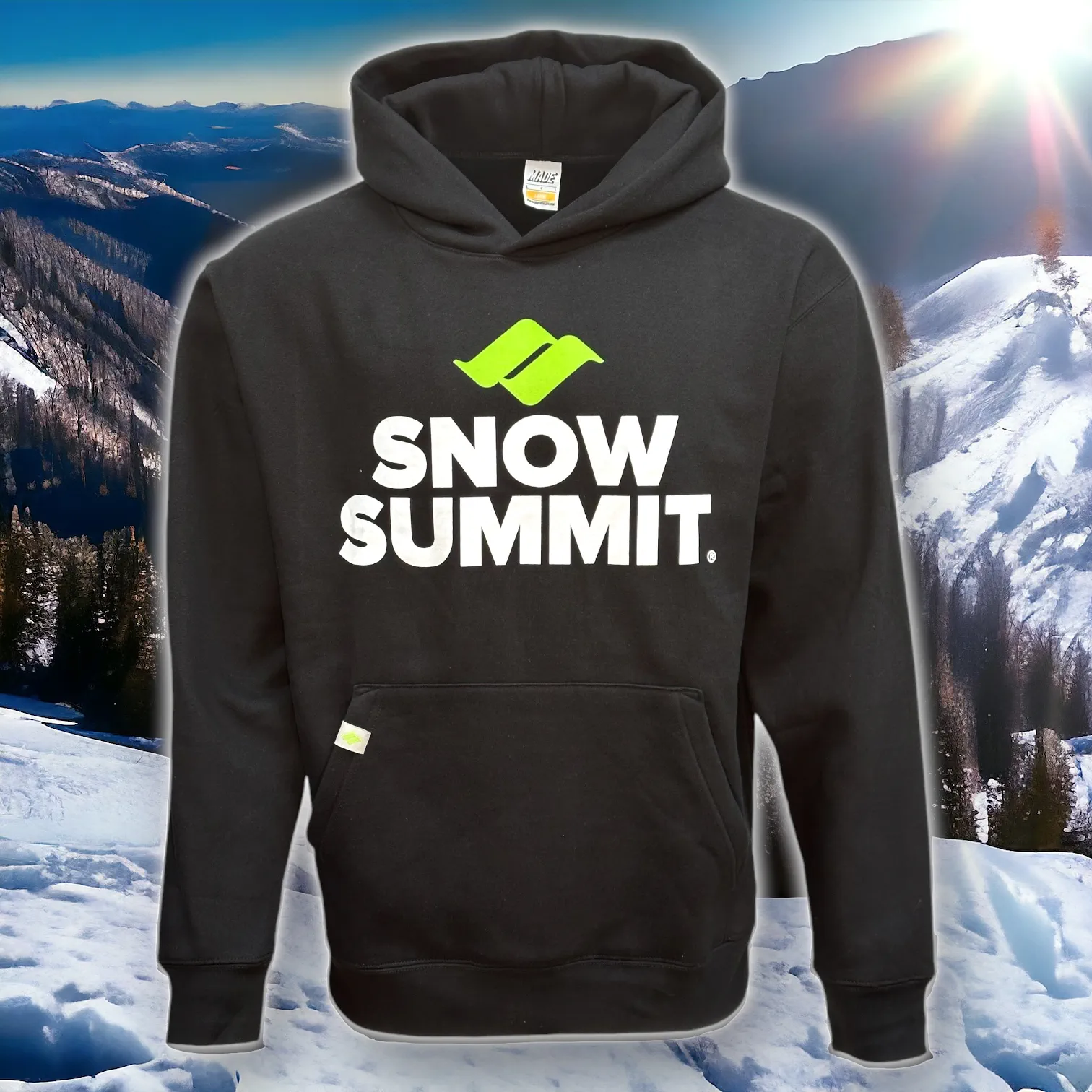Black hoodie sweatshirt with green snow summit logo and white snow summit font beneath